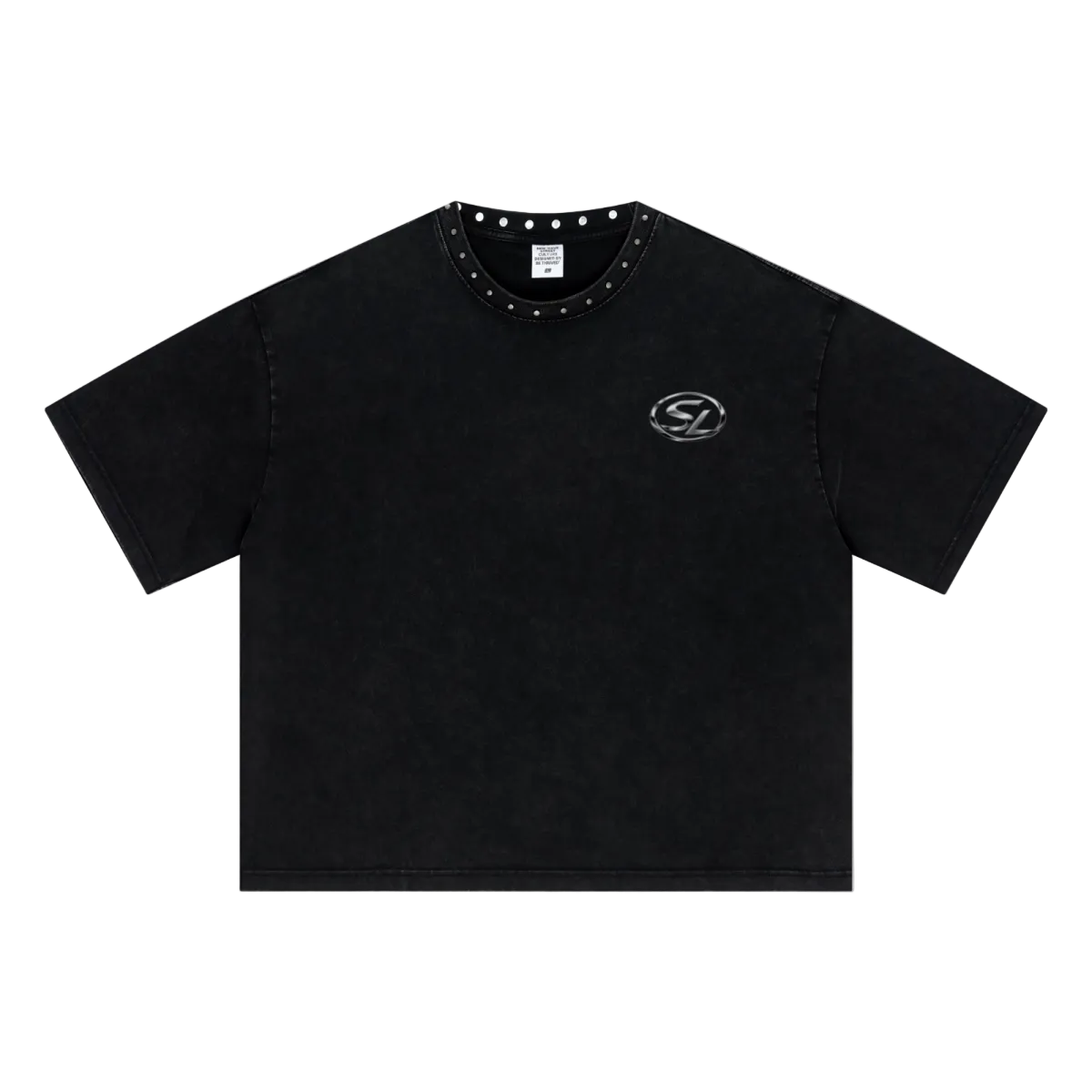 310GSM Men’s Boxy-Fit Distressed Fried-Color Snow-Wash Studded Loose T-shirt Vintage black