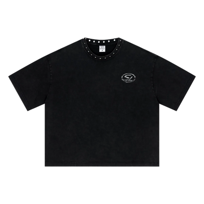 310GSM Men’s Boxy-Fit Distressed Fried-Color Snow-Wash Studded Loose T-shirt Vintage black