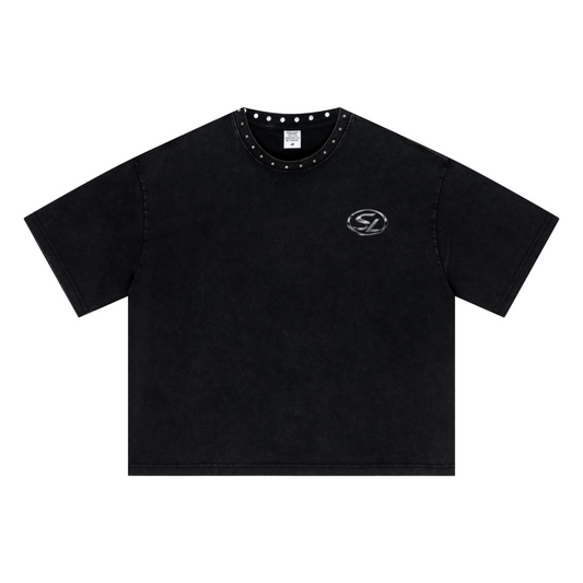310GSM Men’s Boxy-Fit Distressed Fried-Color Snow-Wash Studded Loose T-shirt Vintage black