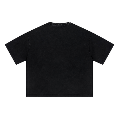 310GSM Men’s Boxy-Fit Distressed Fried-Color Snow-Wash Studded Loose T-shirt Vintage black