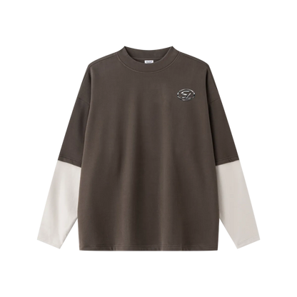 320GSM Unisex Faux Layered Solid Color Base Layer Long-Sleeve Coffee/Grey Apricot