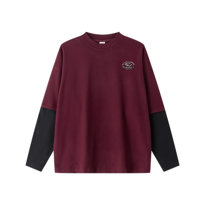 320GSM Unisex Faux Layered Solid Color Base Layer Long-Sleeve Dark Red/Black