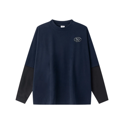 320GSM Unisex Faux Layered Solid Color Base Layer Long-Sleeve Navy Blue/Black
