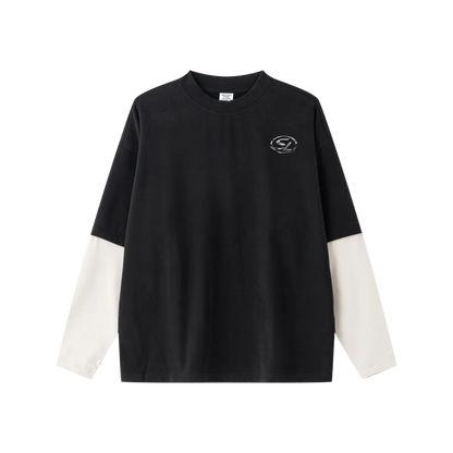 320GSM Unisex Faux Layered Solid Color Base Layer Long-Sleeve Black/Grey Apricot