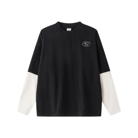 320GSM Unisex Faux Layered Solid Color Base Layer Long-Sleeve Black/Grey Apricot