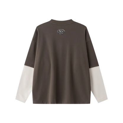 320GSM Unisex Faux Layered Solid Color Base Layer Long-Sleeve Coffee/Grey Apricot