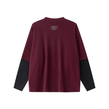 320GSM Unisex Faux Layered Solid Color Base Layer Long-Sleeve Dark Red/Black