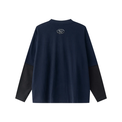 320GSM Unisex Faux Layered Solid Color Base Layer Long-Sleeve Navy Blue/Black