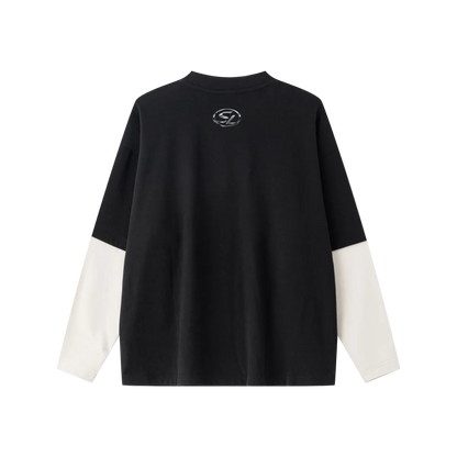 320GSM Unisex Faux Layered Solid Color Base Layer Long-Sleeve Black/Grey Apricot